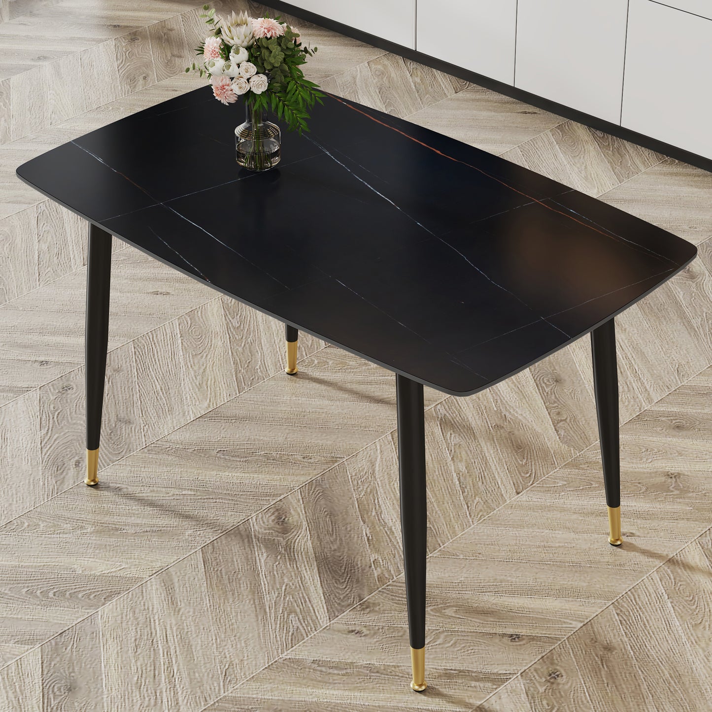 Modern minimalist dining table. Black sintered stone tabletop with golden stripe pattern, black metal legs. Suitable for kitchen restaurantand and living room 50"*30"*30" F-001