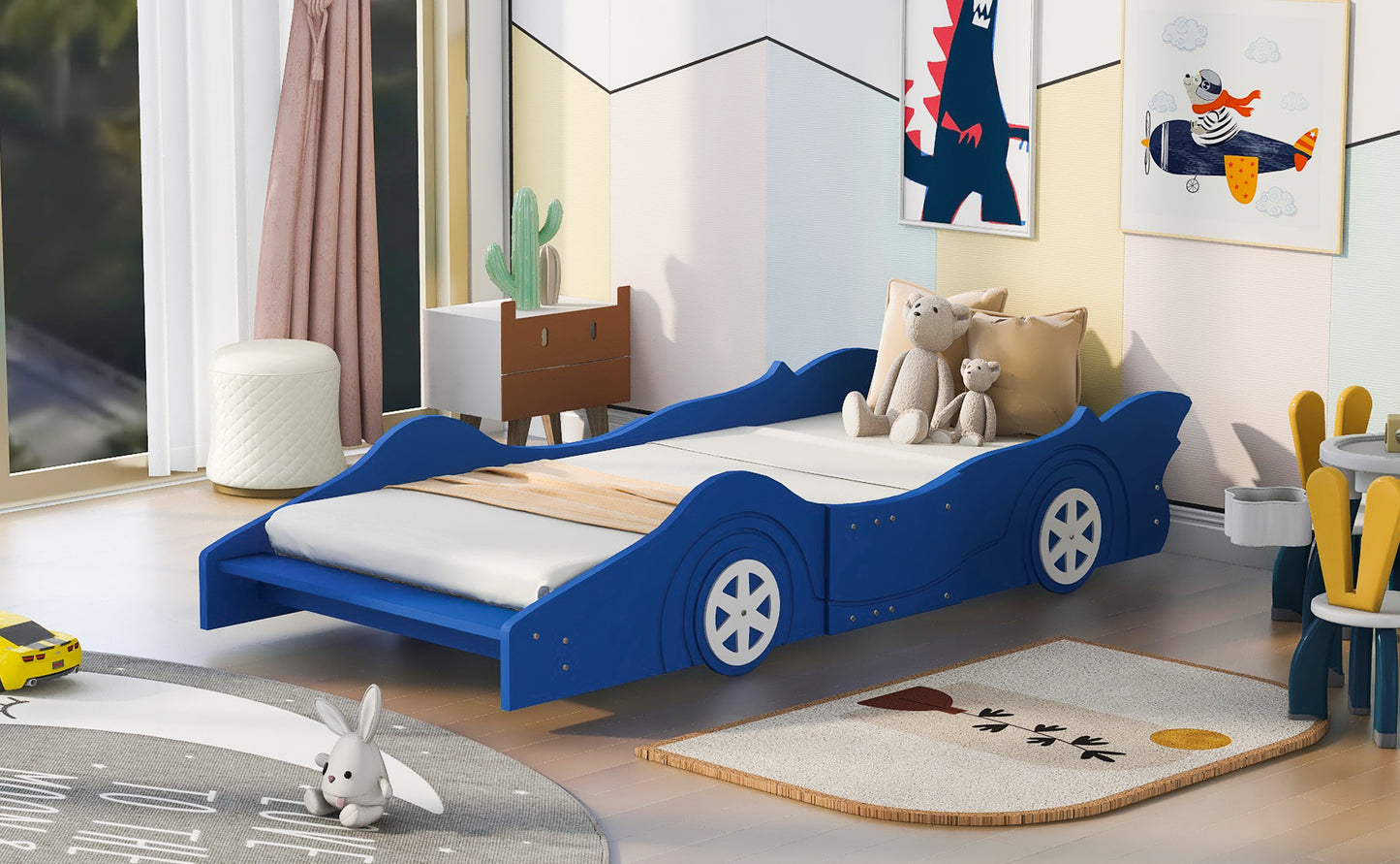 Twin Size Race Car-Shaped Platform Bed with Wheels,Blue