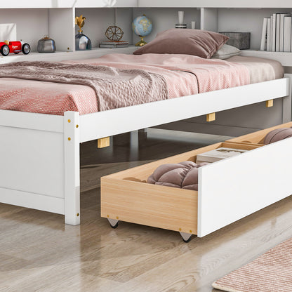 Twin Bed with L-shaped Bookcases,Drawers ,White