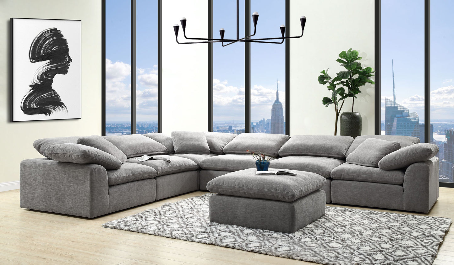 Naveen Gray Linen Modular Sectional Sofa with Ottoman
