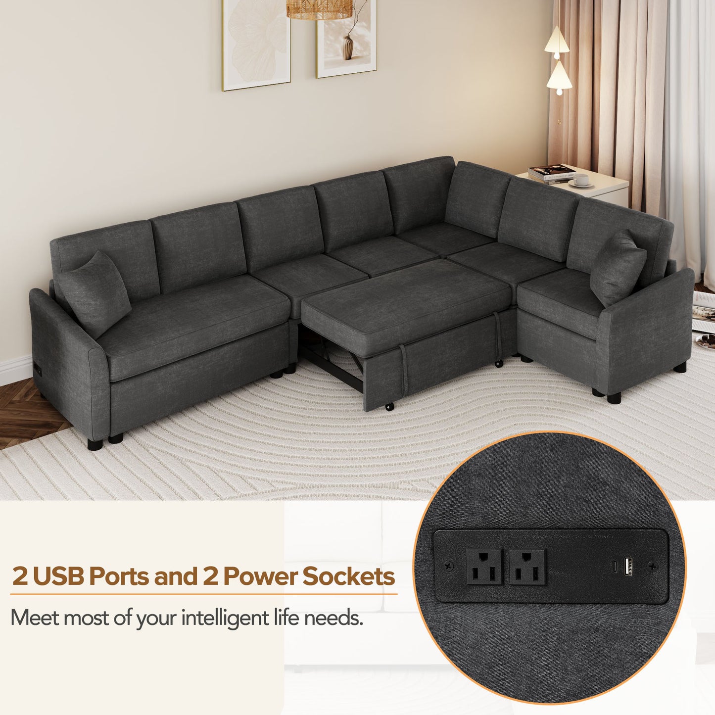 124.8"L-shaped Sofa Convertible Sofa Bed Pull Out Sofa Sleeper with Two Back Pillows, Two USB Ports and Two Power Sockets for Living Room, Gray (Old SKU:SG000890AAE)