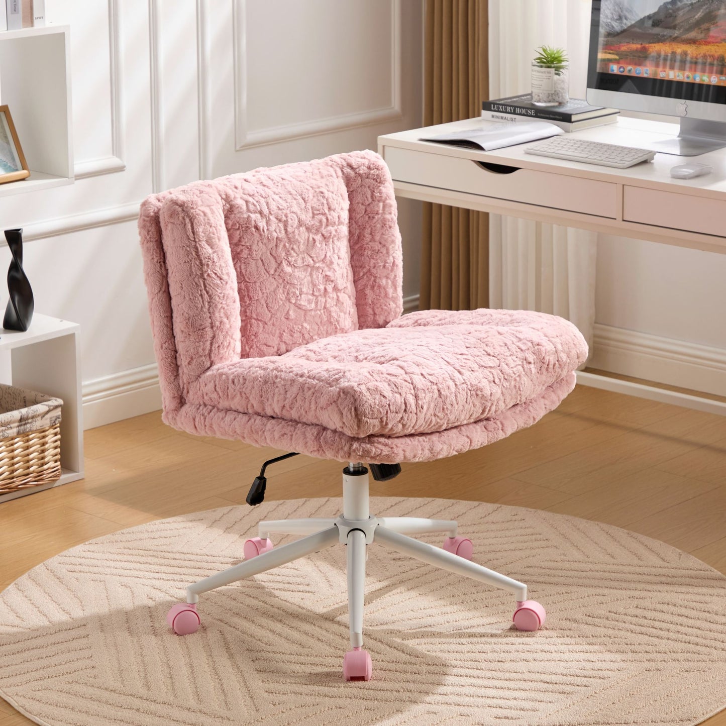 W26.4 inch Wider seat Office Chair,Artificial rabbit hair Home Office Chair with Metal Base,Adjustable Desk Chair Swivel Office Chair,Vanity Chair(Pink)