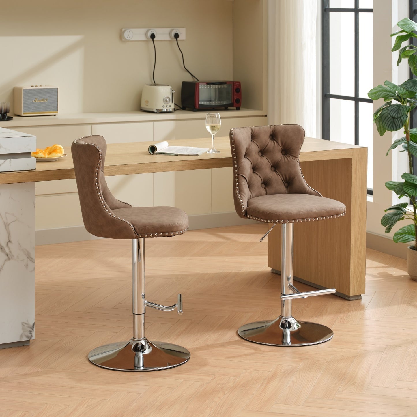 Swivel PU leather Barstools Adjusatble Seat Height from 25-33 Inch, Chrome base Bar Stools with Backs Comfortable Tufted for Home Pub and Kitchen Island, Beige,Set of 2,1512BR