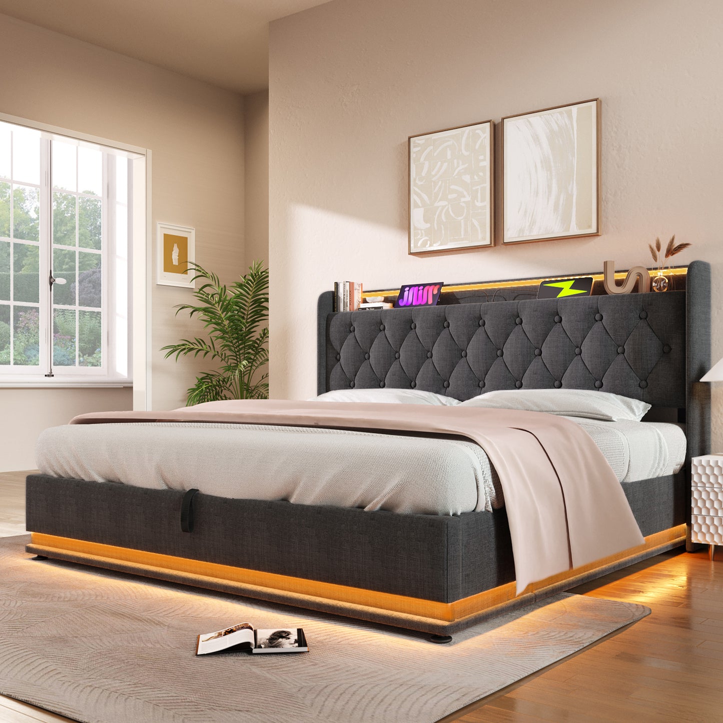 Full size Upholstered bed, 360 surround LED function, Buttons/Apps/Remote Control, hydraulic storage bed with USB Type-C charging, Gray,Linen (Without mattress)