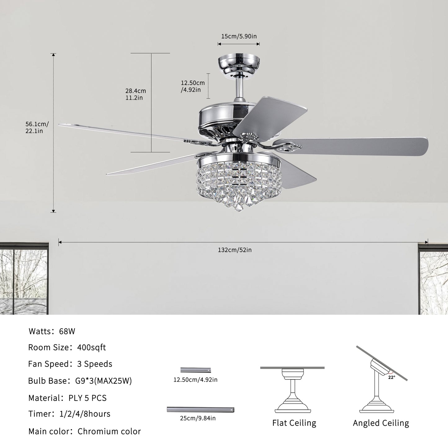 52Inch Crystal Ceiling Fan with Lights, 5 Wood Blades , Modern Fandelier Ceiling Fan with Noiseless Motor, Chandelier Fan with Remote for Bedroom,Living Room--Chrome
3*G9  Bulb