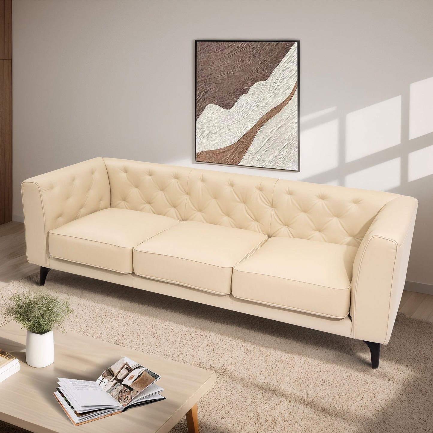 92.52 Inch Genuine Leather Couch 3-Seater Sofa with Tufted Back,Grain Leather Couch with Feather,Comfy Sofa for Living Room Apartment, Comfy Sofa Couch with Extra Deep Seats,Beige