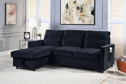 Ivy 81.5" Black Velvet Reversible Sleeper Sectional Sofa with Storage Chaise and Side Pocket