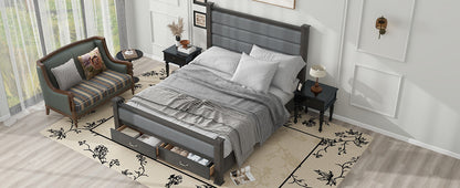 Queen Size Wood Frame Platform Bed with Upholstered Headboard, Footboard and 2 Drawers, Antique Gray