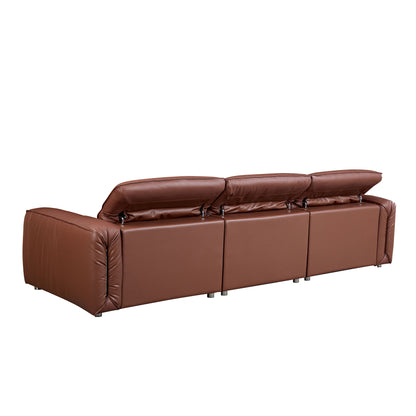 Modern Simple Line Design 3-Seater Leather Sofa for Living Room, Comfy Sofa Couch with Extra Deep Seats,Adjustable Headrests Couch,Brown