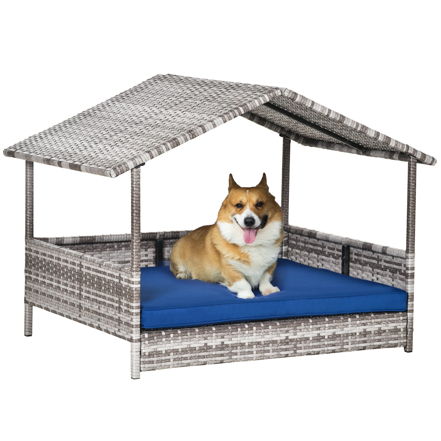 PawHut Wicker Dog House Outdoor with Canopy, Rattan Dog Bed with Water-resistant Cushion, for Small and Medium Dogs, Dark Blue