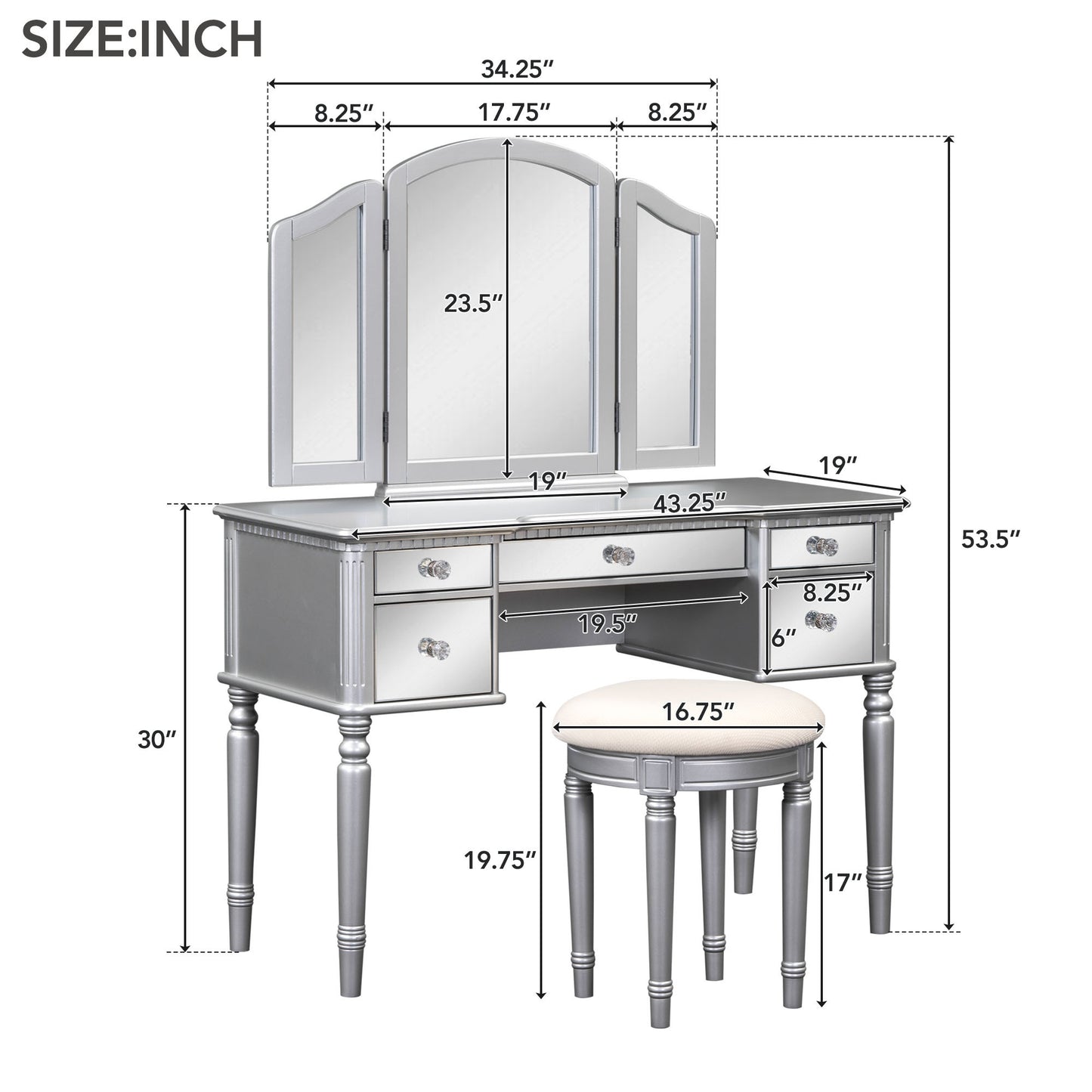 GO 43" Dressing Table Set with Mirrored Drawers and Stool, Tri-fold Mirror, Makeup Vanity Set for Bedroom, Silver