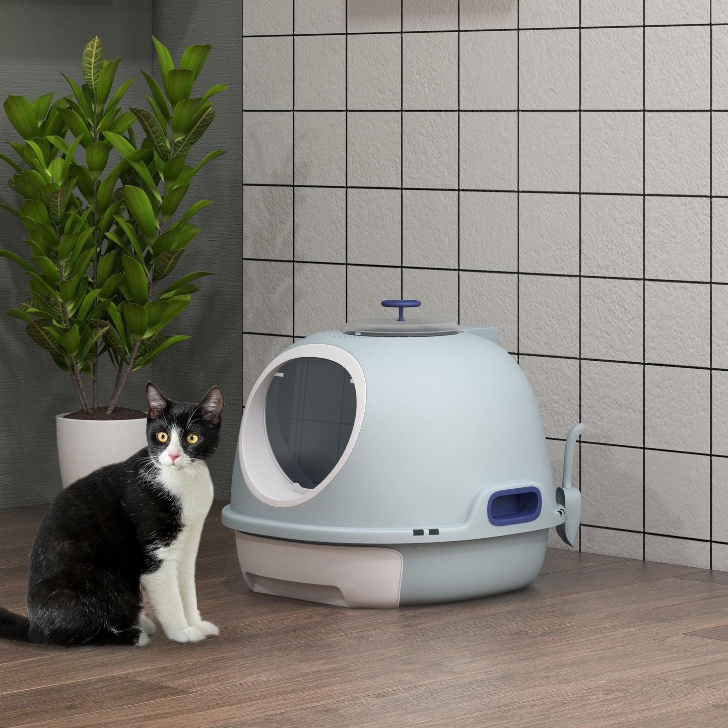 PawHut Covered Litter Box, Litter Box with a Lid, Scoop Enclosed Drawer & Skylight for Cats That's Easy to Clean, Blue