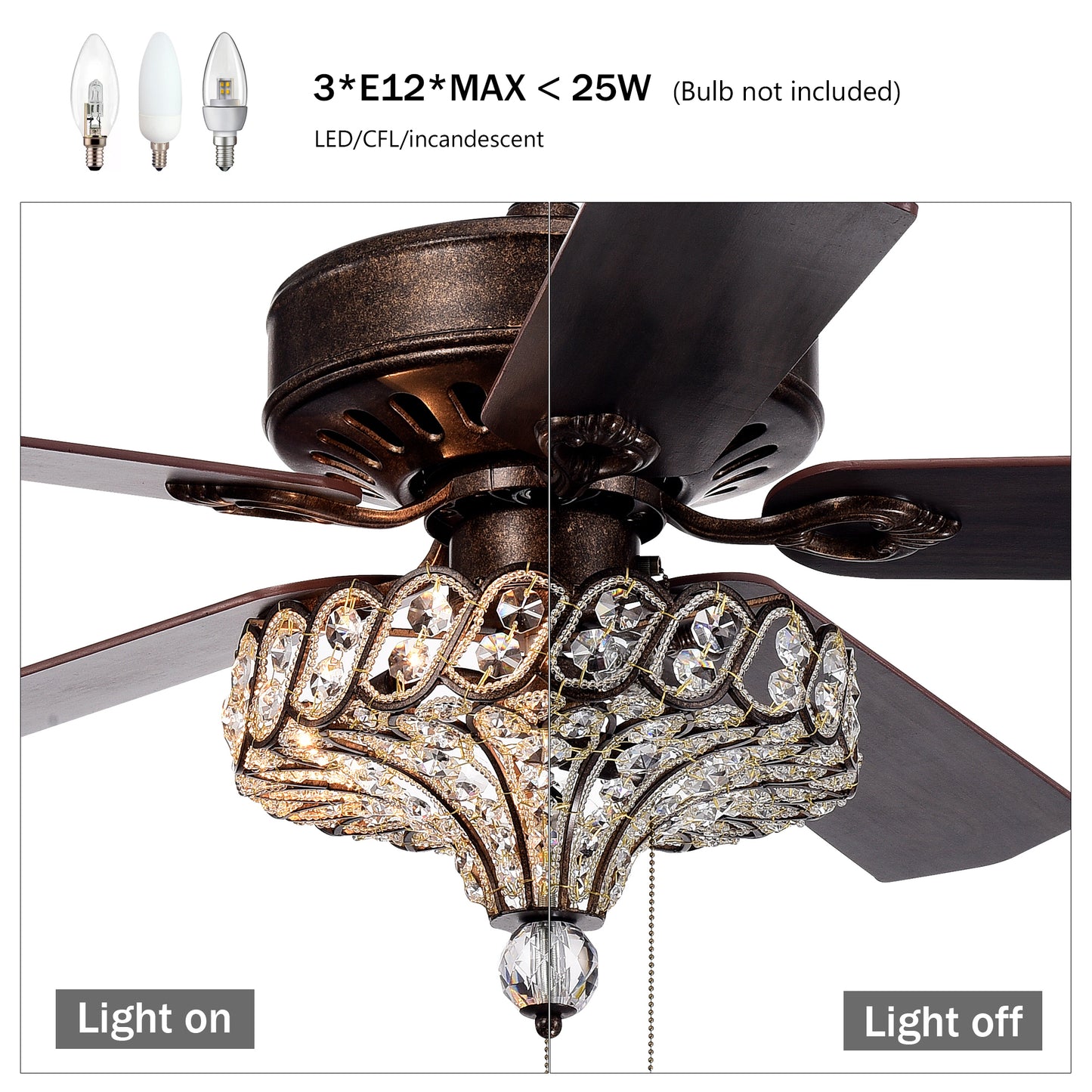 52'' Classical Crystal Ceiling Fan Lamp,3 Speed , 5 Reversible Blades for Living Room, Dining Room, Bedroom, Family Room, Rustic bronze ,3PCS*E12  (NO Include Bulb, Hand 
Pull Chain)