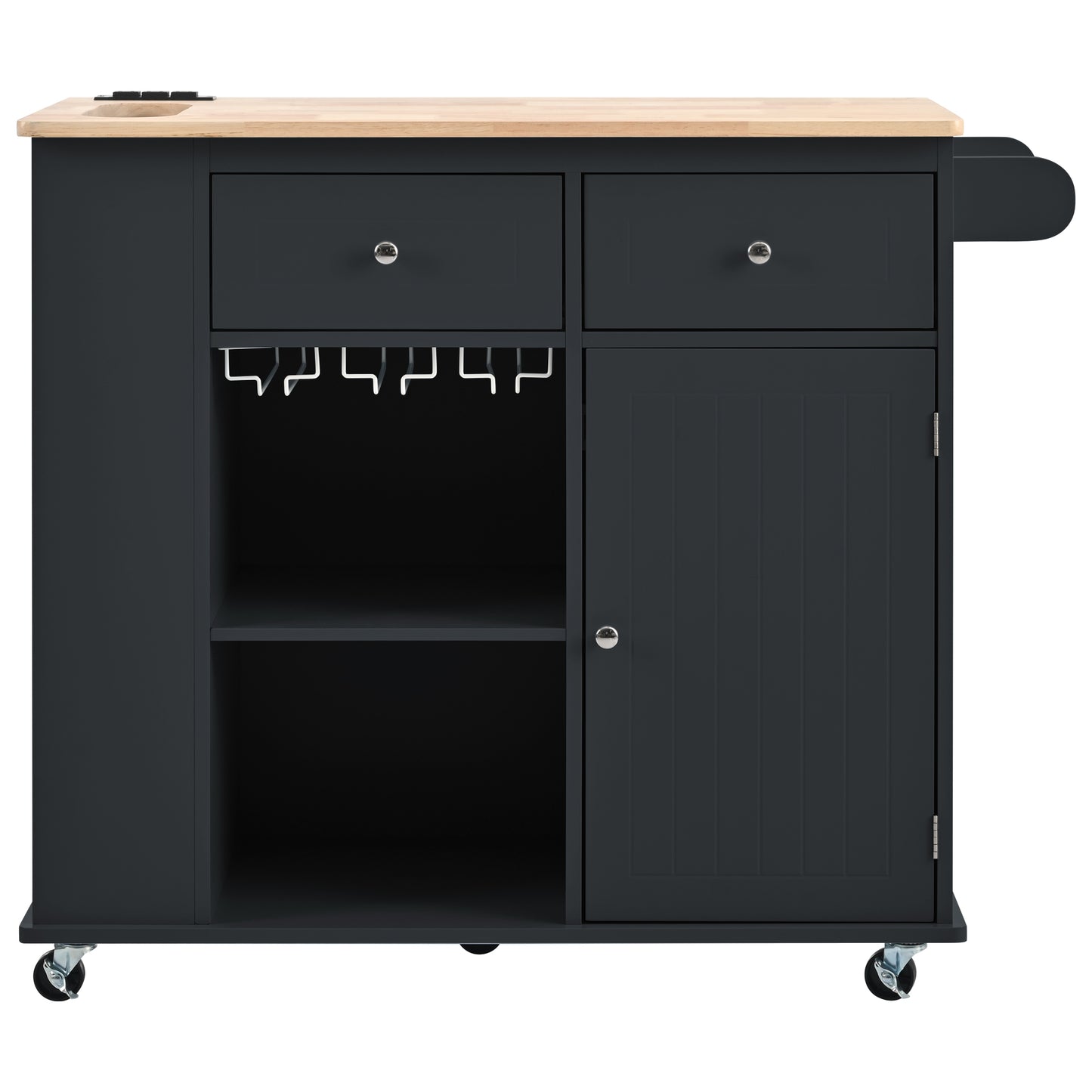 Kitchen Island with Power Outlet,Kitchen Storage Island with Drop Leaf and Rubber Wood,Open Storage and Wine Rack,5 Wheels,with Adjustable Storage for Home, Kitchen, and Dining Room, Black