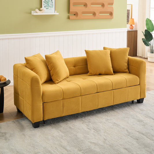 77.9-inch folding dual-purpose three-seater yellow flannel sofa that can be pulled out and turned into a bed, suitable for use in bedrooms and living rooms.