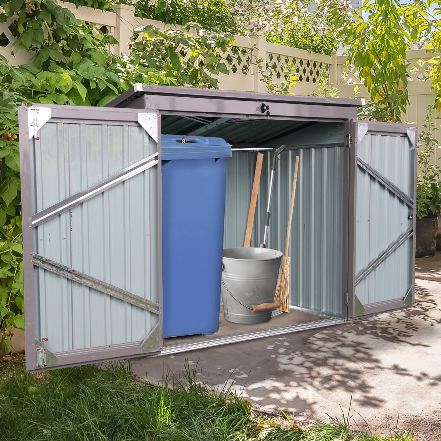 Garbage Bin Shed Stores 2 Trash Cans Metal Outdoor Bin Shed for Garbage Storage,Stainless Galvanized Steel, Bin Shed for Garden Yard Lawn Gray