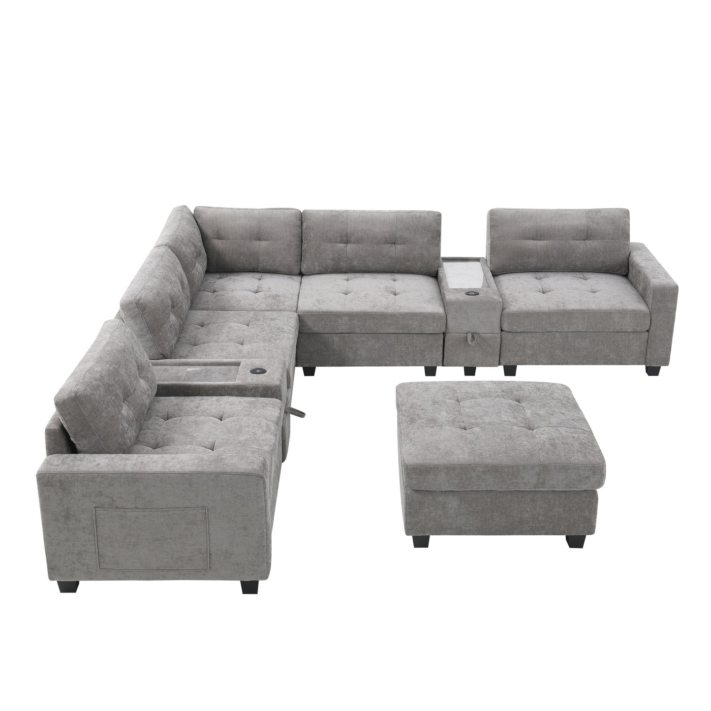 104'' Sectional Sofa with Acrylic Table Top,Chenille U Shaped Couch Set with 2 Consoles,USB Charger,Storage Drawers and Pockets,Movable Ottoman,Tufted Sofa for Living Room,Apartment,2 Colors