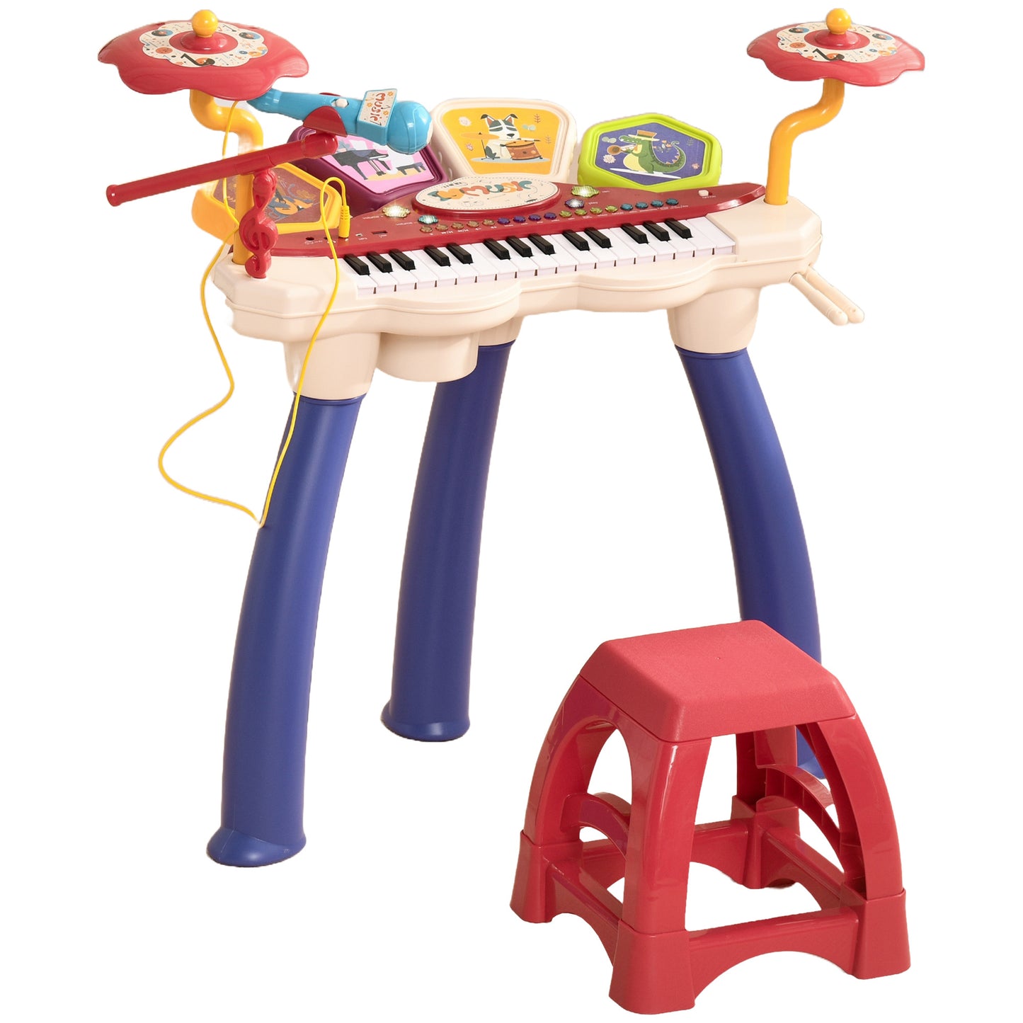 2 in 1 Kids Piano Keyboard with Drum Set, 32-Key Electronic Musical Instrument with Multiple Sounds, Lights, Microphone, Stool, MP3, U-disk, Auto-Hibernation Function for Girls & Boys