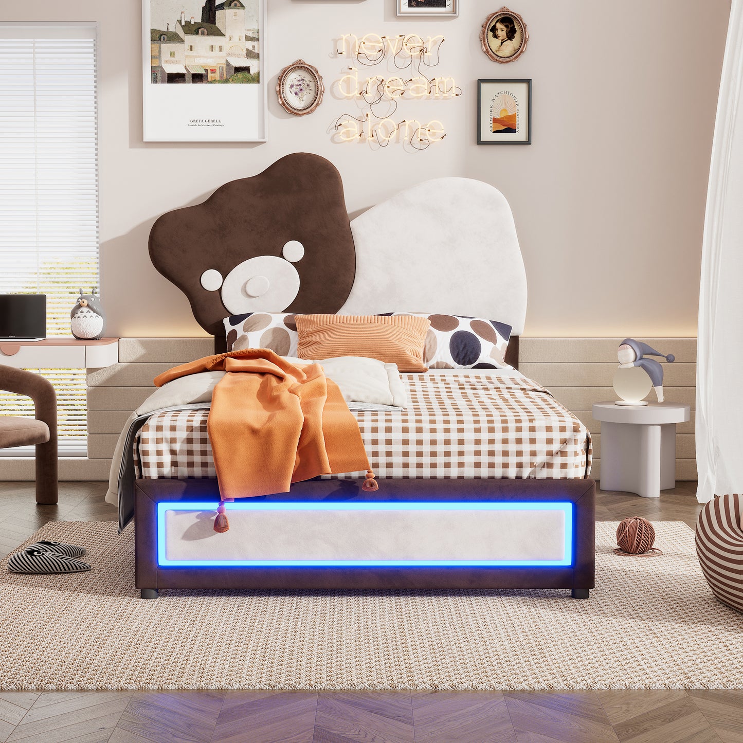 Twin Size Upholstered Platform Bed with Bear Shaped Headboard, LED Light Strips, White + Brown