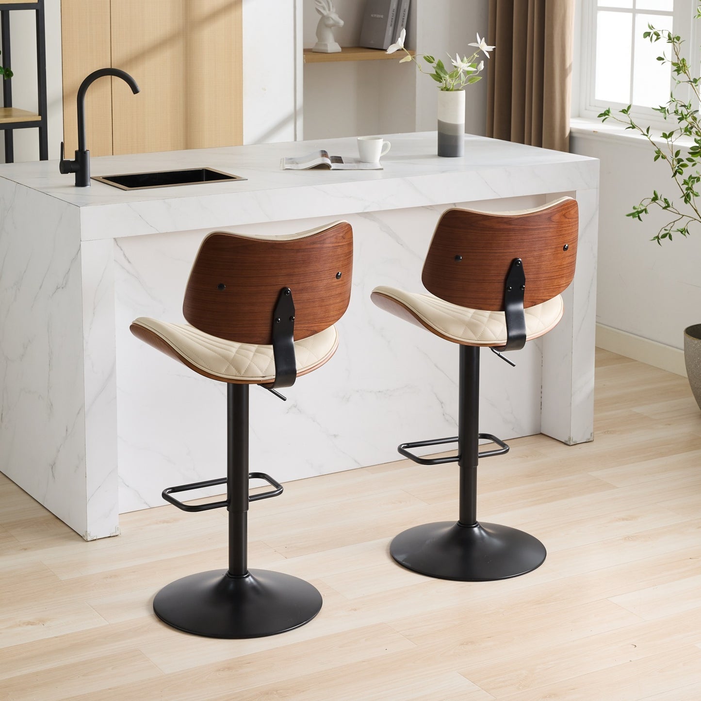 Walnut Bentwood Bar Stools Mid Century Modern Adjustable Counter Height Black Leather Upholstered 360°Swivel Bar Chairs for Kitchen Island/Dining Room/Cafe, 1 chair/1carton,Beige