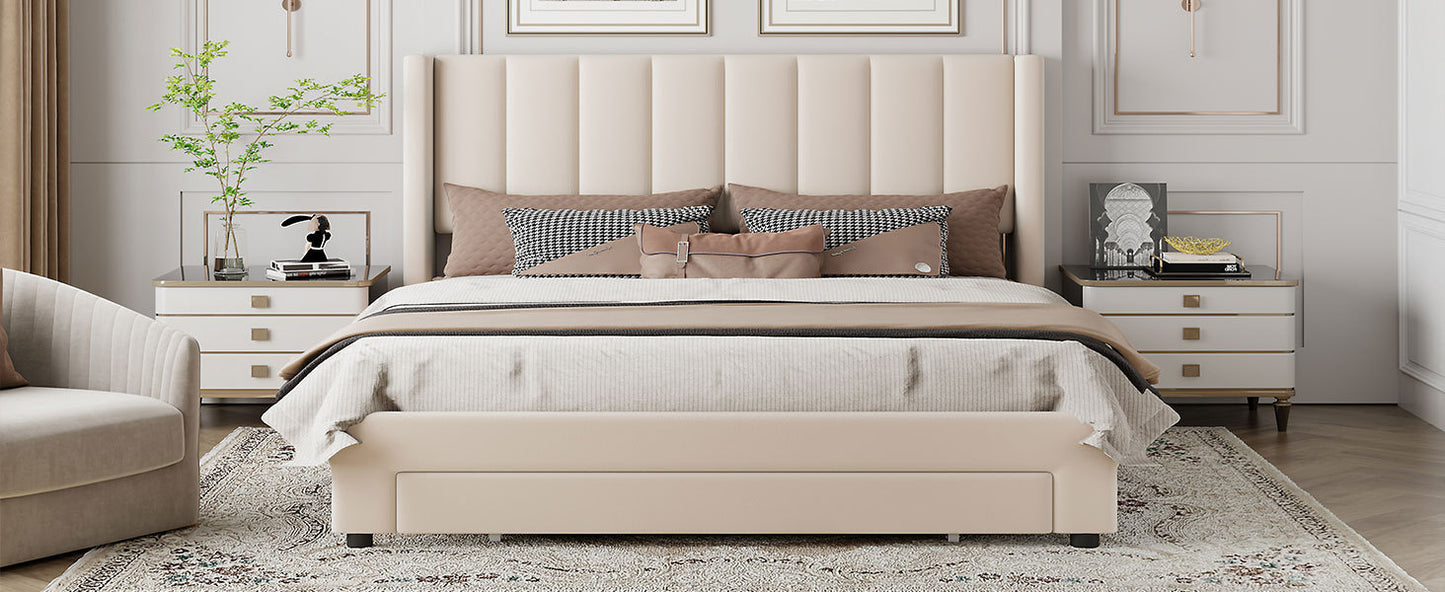 Queen Size Storage Bed Velvet Upholstered Platform Bed with a Big Drawer - Beige(old sku:WF296854AAA)