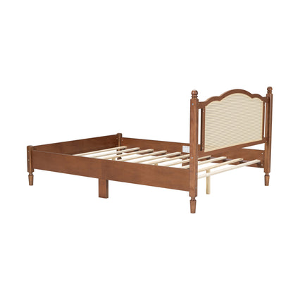 Queen Size Wooden Platform Bed with Natural Rattan Headboard, Vintage Bed Frame with Wooden Slat Support, Walnut