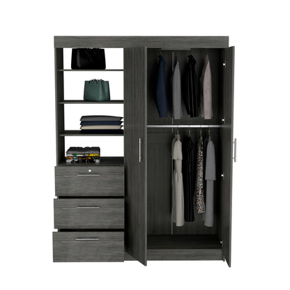 Kenya Armoire with Double Door, Three Drawers, 3-Tier Shelf and double hanging Rod Smokey Oak