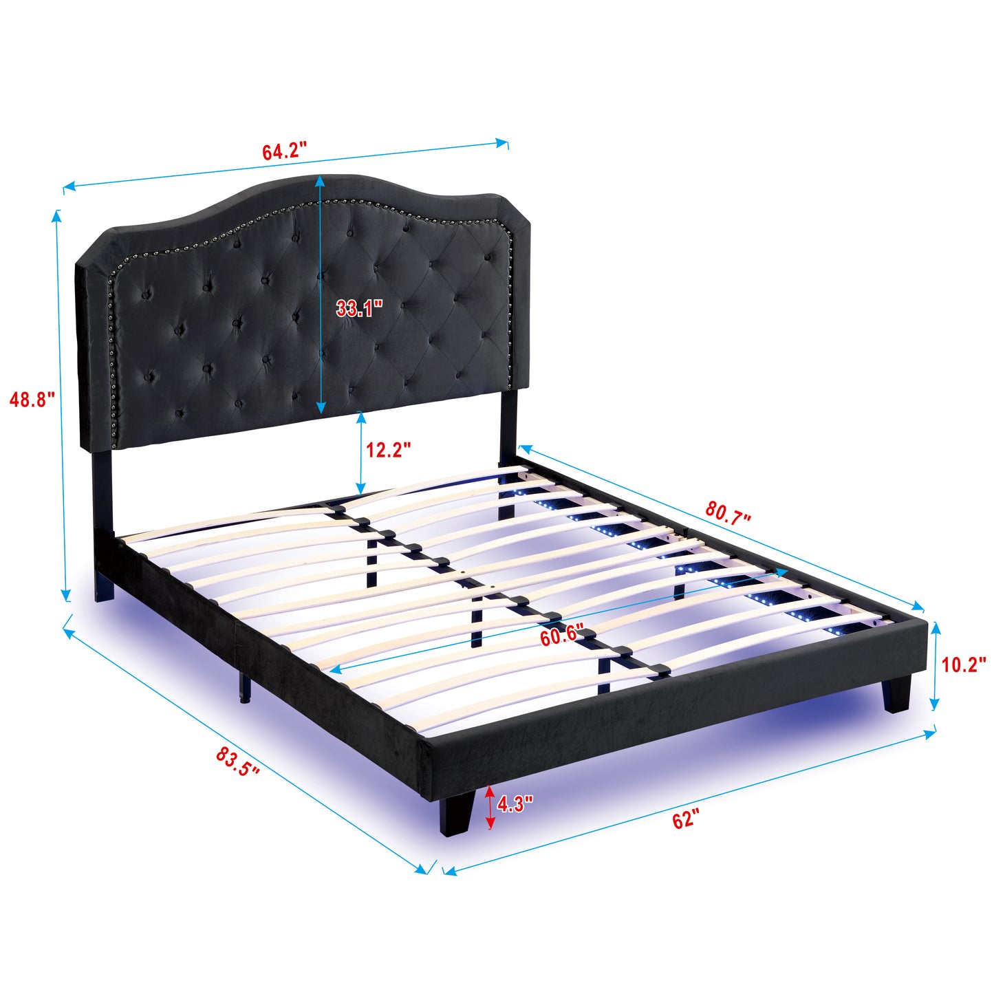 Upholstered Bed Button Tufted with Curve Design - Strong Wood Slat Support - Easy Assembly - Black Velvet - With LED light-platform bed - Queen