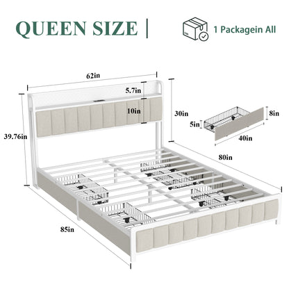 Queen Size Platform Bed with 4 Drawers, Metal Bed Frame with LED Lights and Charging Station, No Box Spring Needed, (Beige),  Noise Free,Easy Assemble.