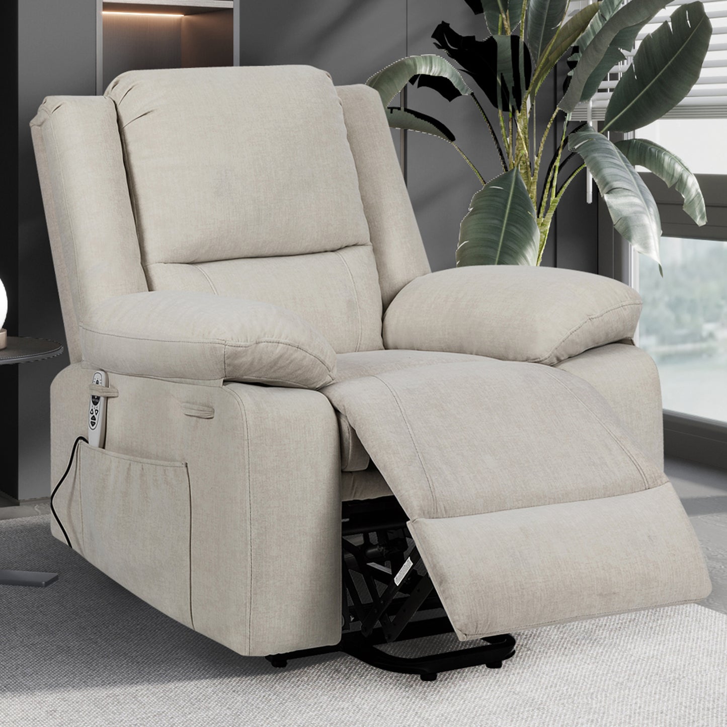 Electric Power Recliner Chair With Massage For Elderly ,Remote Control Multi-function Lifting, Timing, Cushion Heating Chair With Side Pocket Beige