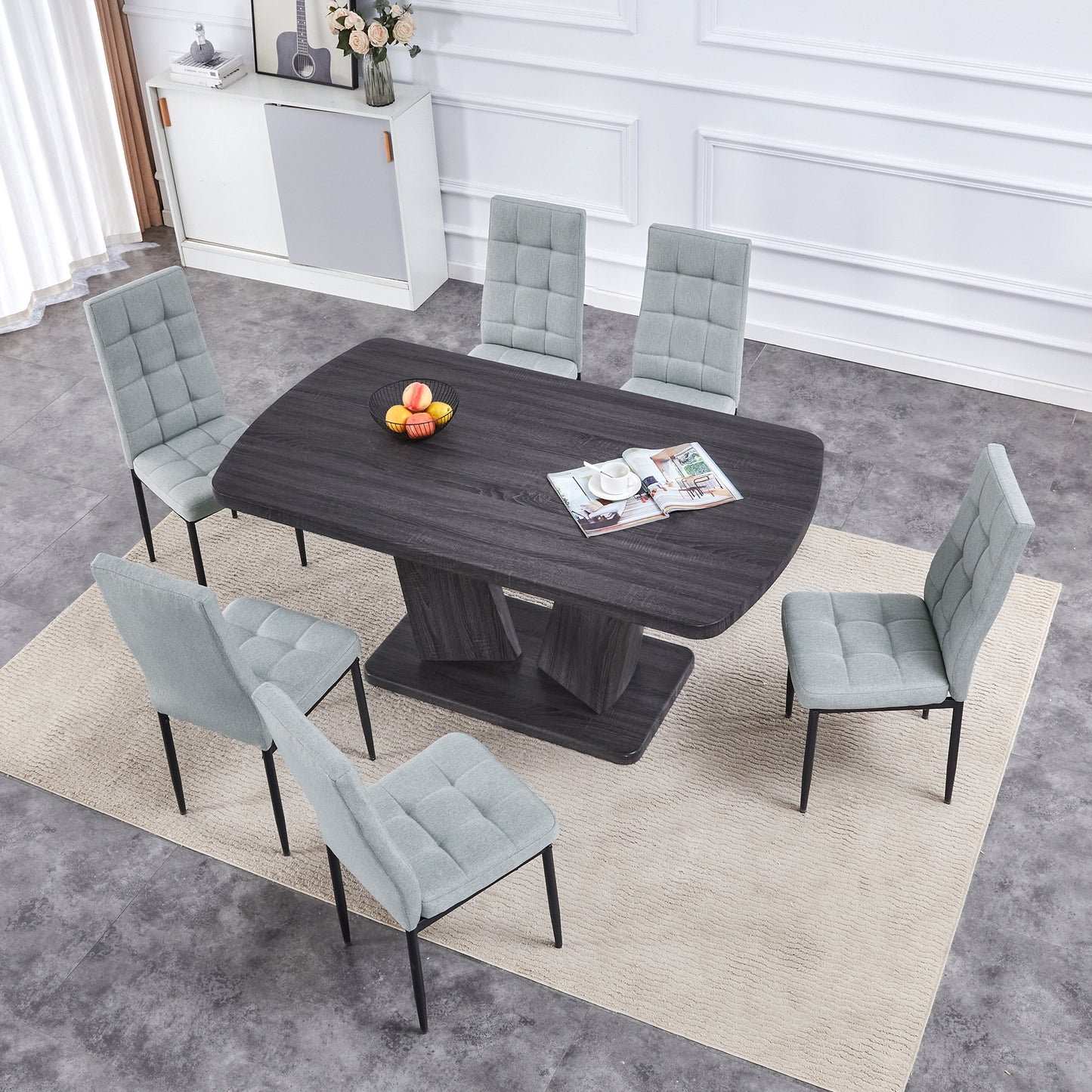 Dining Table Set for 6, 7 Piece Kitchen Table Chairs Set, 1.8" Thickness Tabletop and V-shaped Table Legs, Modern Dining Room Set with 63 inch Dinner Table and 6 Upholstered Chairs for Dining Room