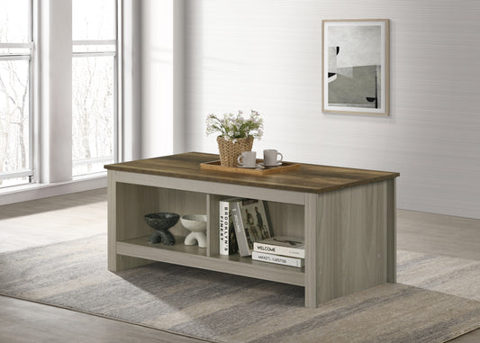 Nyla 43'W Gray Oak Coffee Table with Open Shelves Front and Back