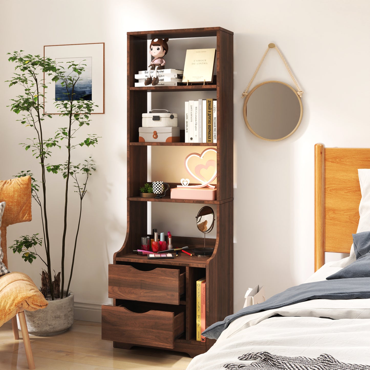 Night Stand with Bookshelf, Night Stand with 2 Storage Drawers for Bedroom