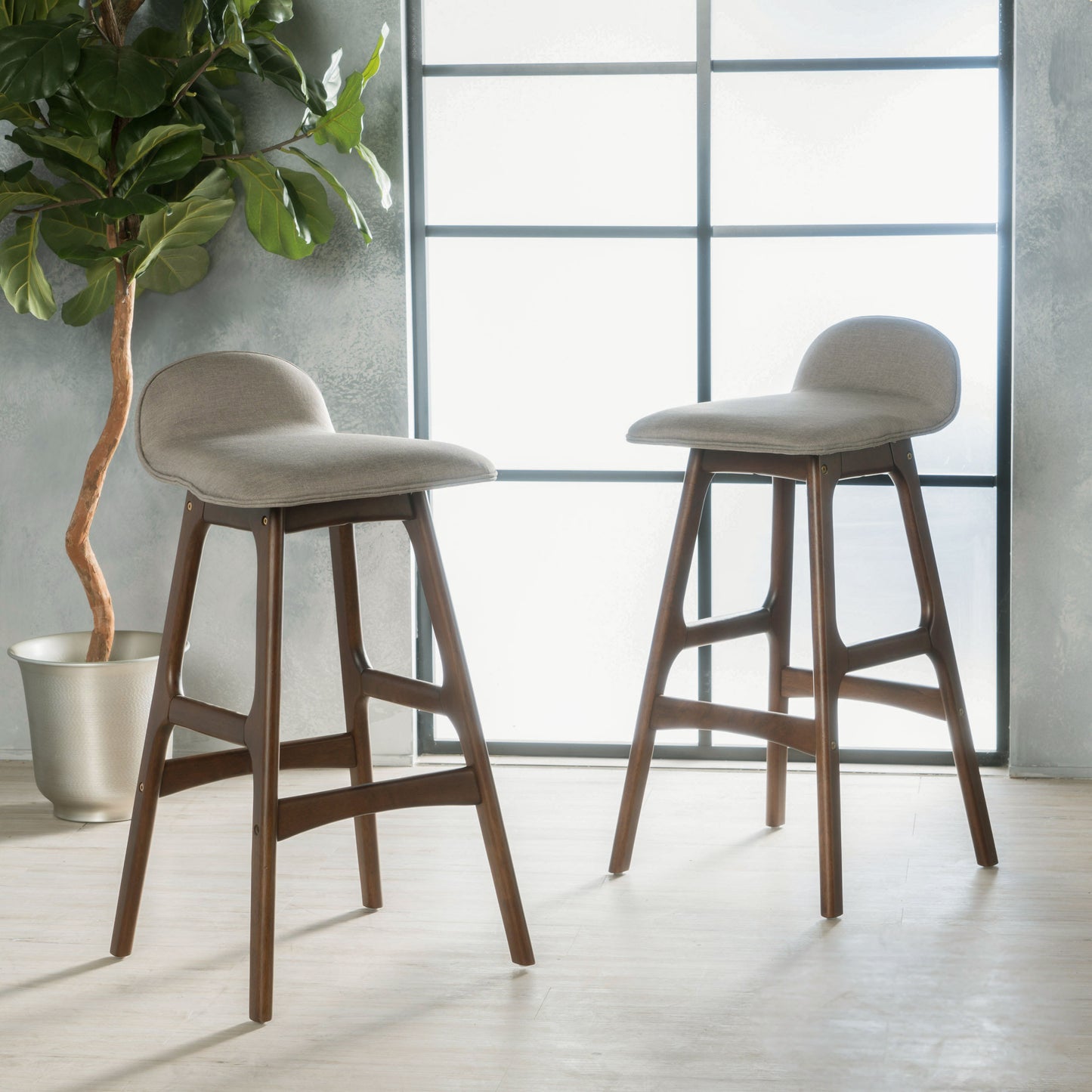 28.5" Mid-Century Modern Upholstered Low Back Barstools (Set of 2), Light Gray, Natural Walnut Finish