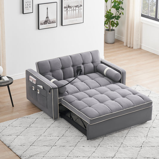 Sleeper Sofa Couch w/Pull Out Bed, 55" Modern Velvet Convertible Sleeper Sofa Bed, Small Love seat Sofa Bed w/Pillows & Side Pockets for Small Space, Living Room, Apartment,Gray