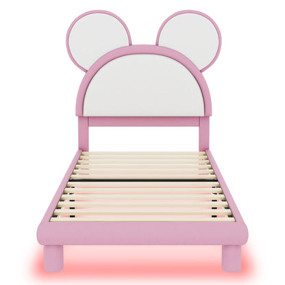 Twin Size Upholstered Platform Bed with Cartoon Ears Shaped Headboard and LED, White&Pink