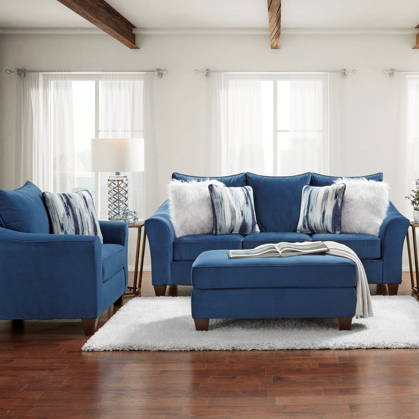 Camero Fabric Pillowback 3-Piece Sofa Set, Navy Blue