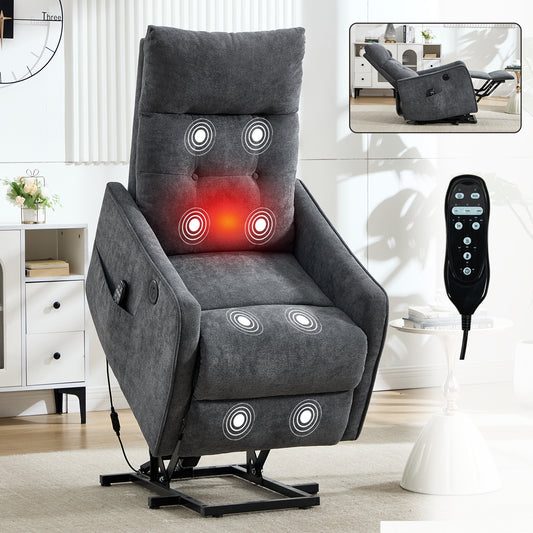 Grey Chenille Single Motor Power Lift Recliner Chair with Massage and Heat for Elderly, Heavy Duty Motion Mechanism and One USB for Charging, Max Reclining Angle 155°