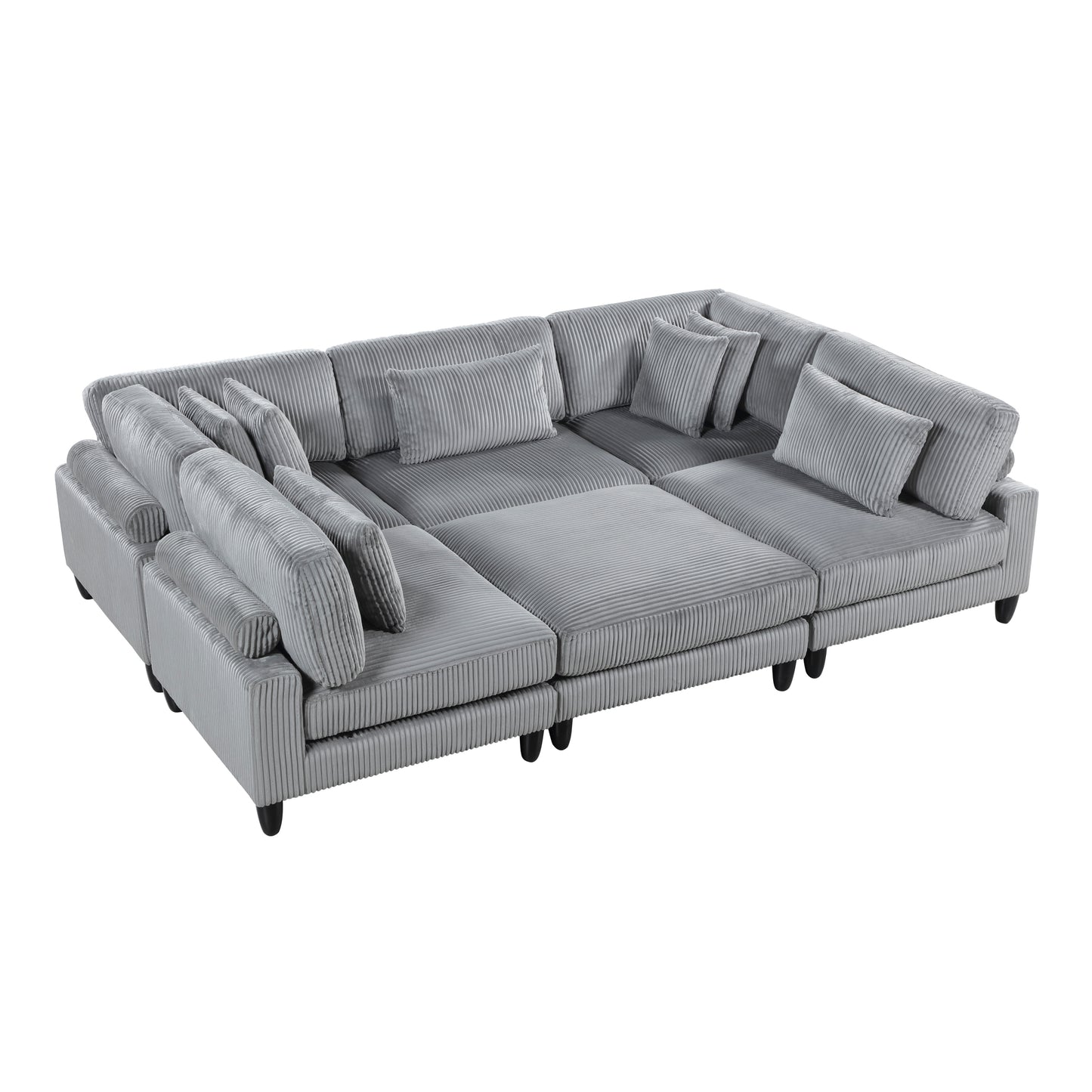 6pc Modular Sectional Set Gray Corduroy Upholstery 3x Armless Chairs 2x Corner Seats 1x Ottoman Pillows Living Room Furniture