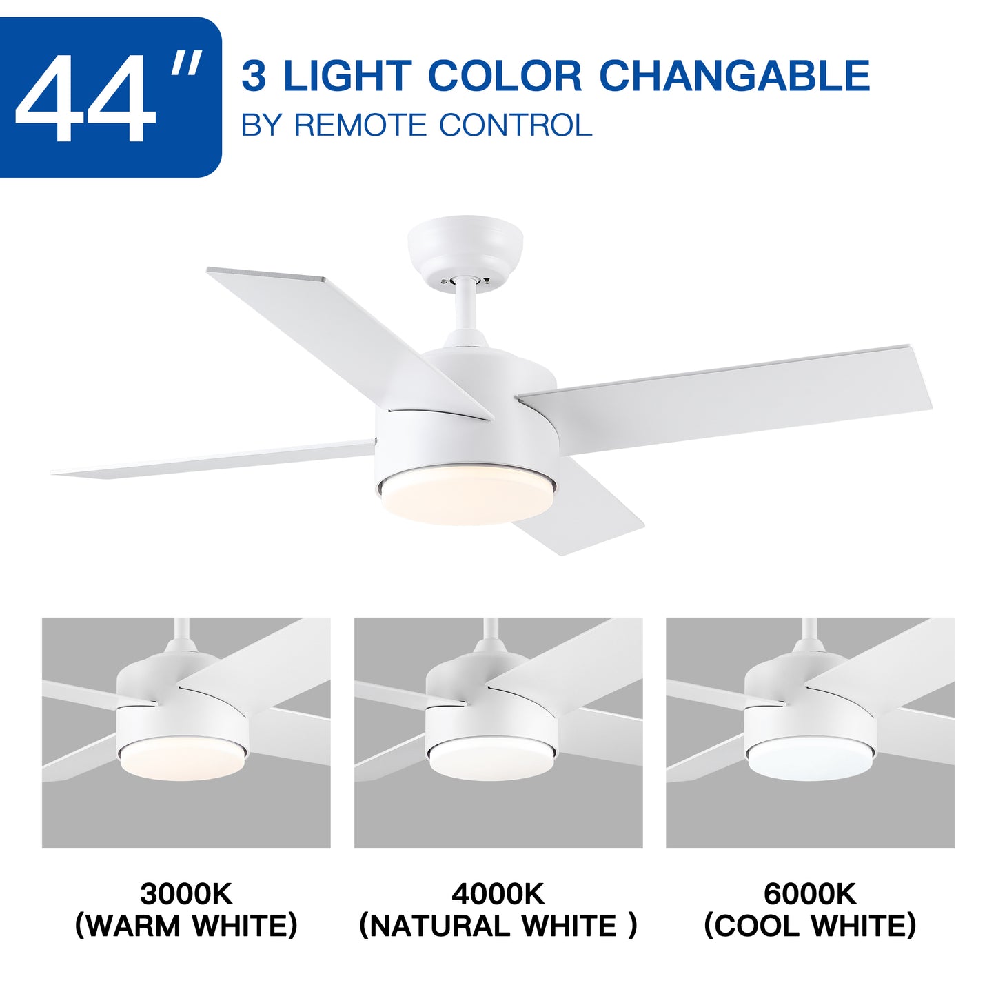 44 In Intergrated LED Ceiling Fan Lighting with White ABS Blade