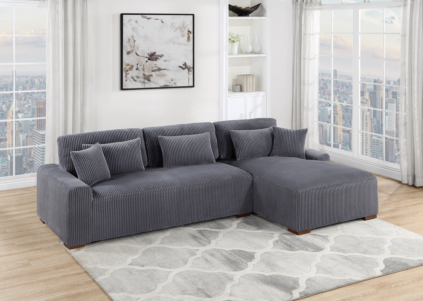 Modern 2pc Sectional Set XL Plush Corduroy Fabric Dark Gray LAF Sofa RAF Chaise Living Room Couch