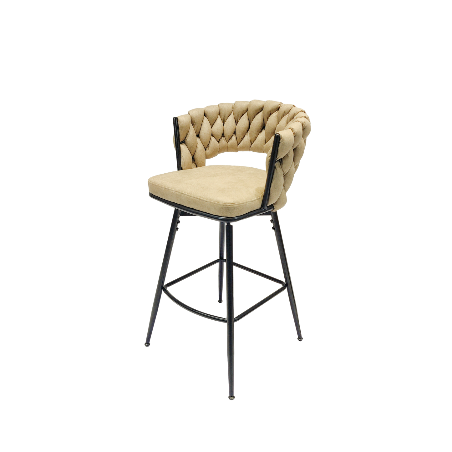 28" Technical Leather Woven Bar Stool Set of 2,Black legs Barstools No Adjustable Kitchen Island Chairs,360 Swivel Bar Stools Upholstered Counter Stool Arm Chairs with Back Footrest (Light Brown)