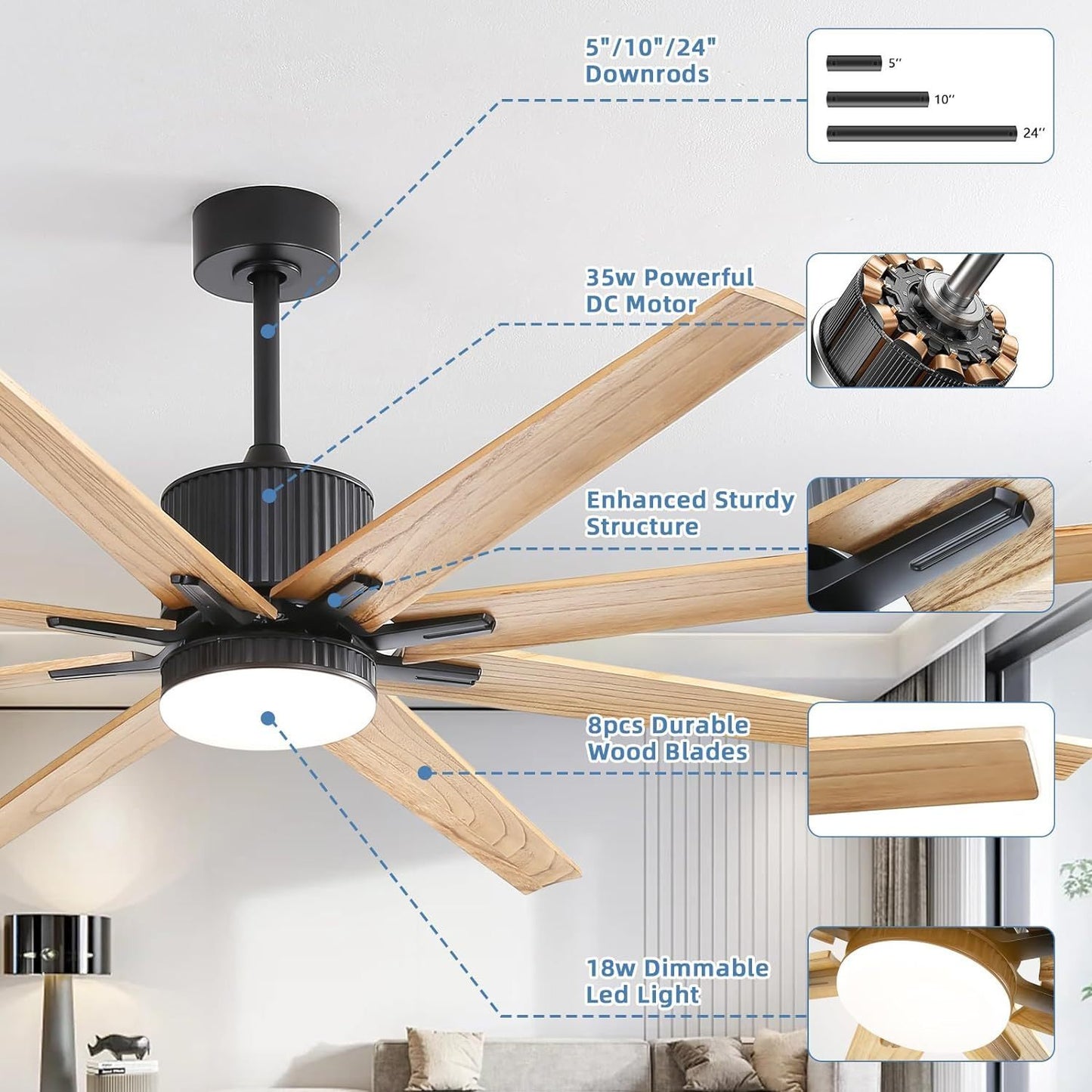 76 Inch Ceiling Fan with Lights Remote Control 8 Solid Wood Blades with 18W Dimmable LED Light