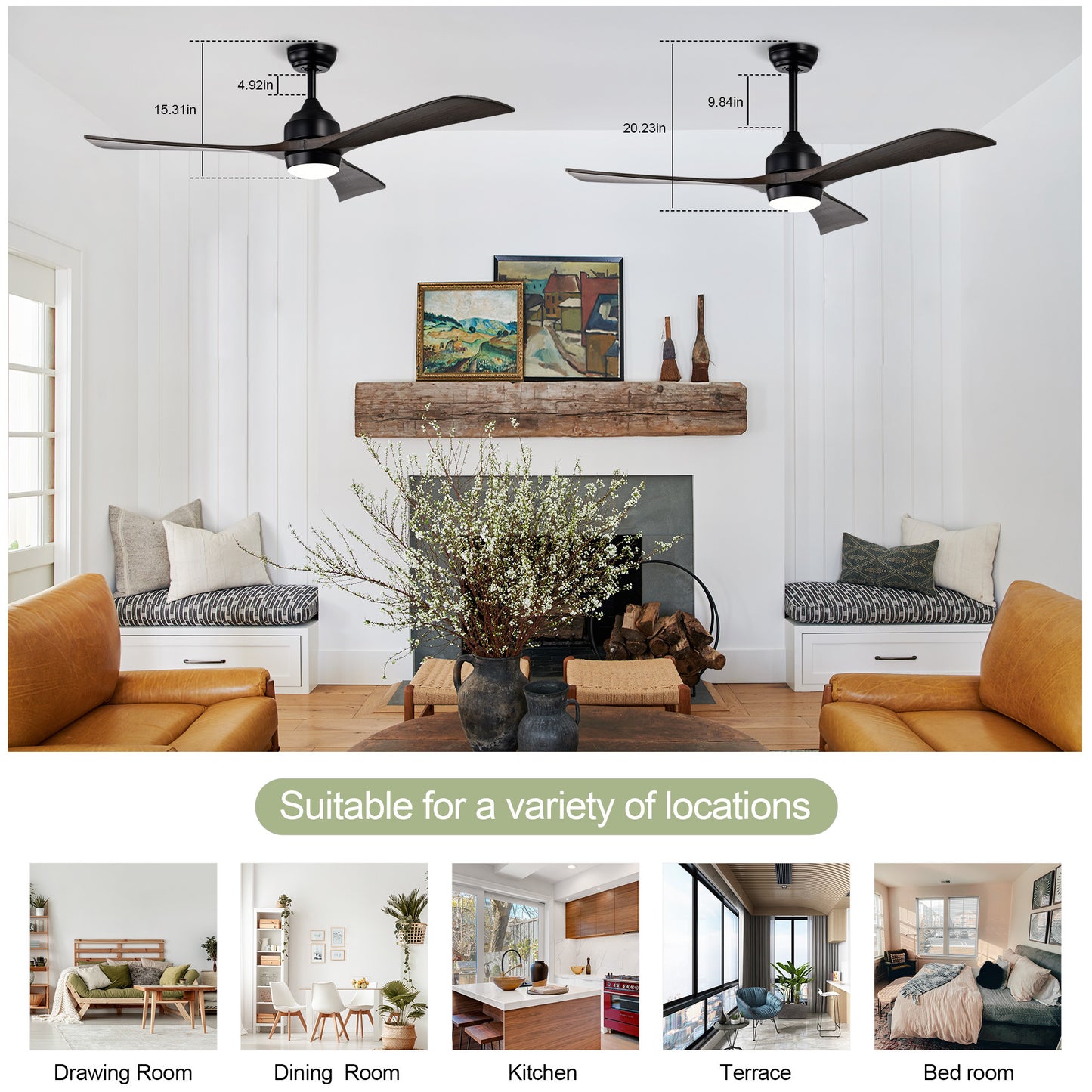 52" Ceiling Fan with Lights Remote Control,Quiet DC Motor 3 Blade Ceiling Fans 6 Speed Levels,Reversible Ceiling Fan, for Patio Living Room, Bedroom, Office,Indoor.(Matte Black +Black Walnut )