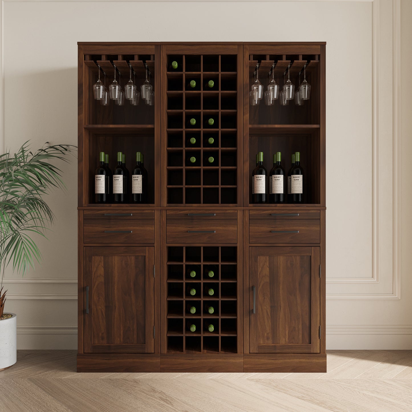 brown walnut color modular wine bar cabinet Buffet Cabinet with Hutch for Dining Room