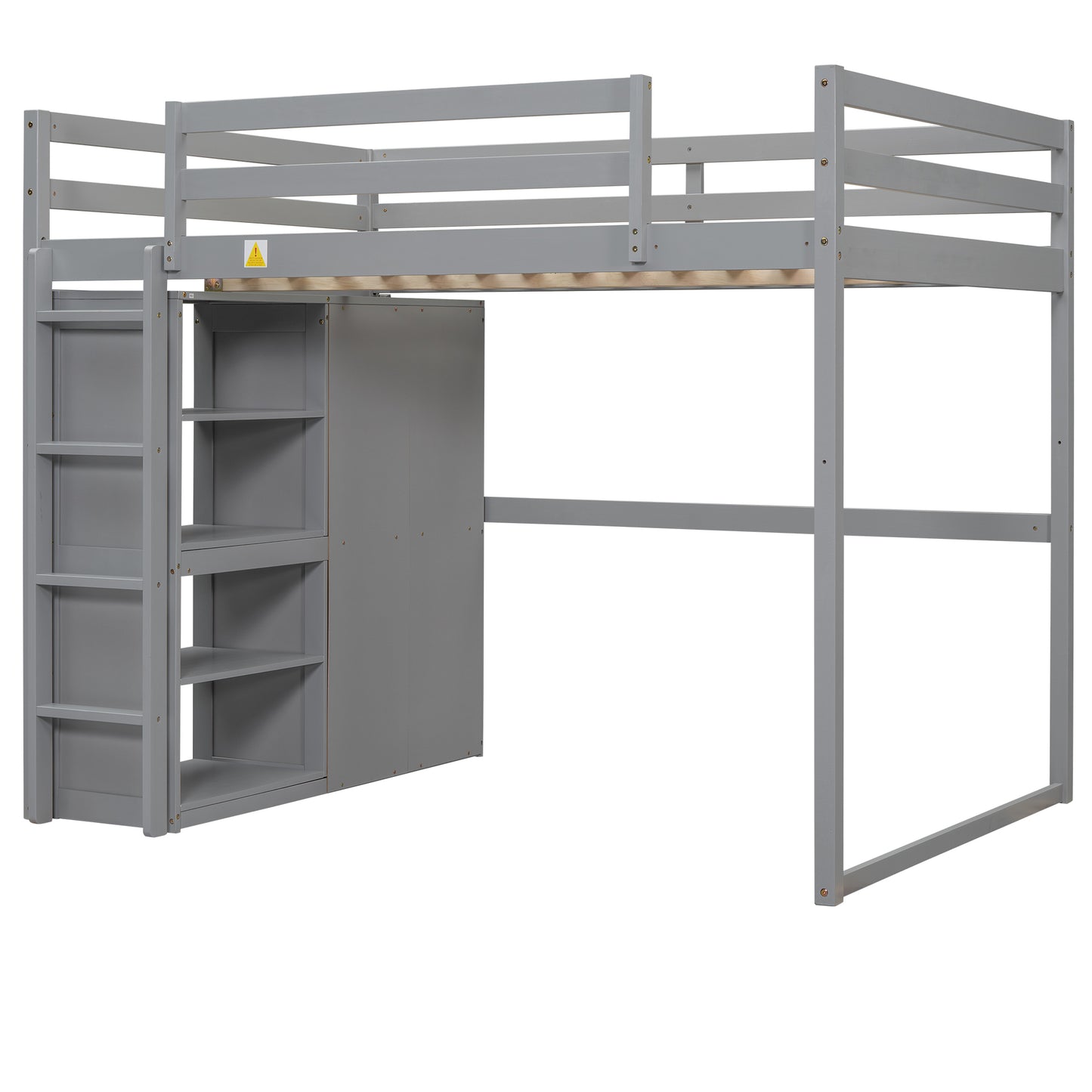 Gray Wood Full Size Loft Bed with Built-in Wardrobe, Storage Shelves, and LED Light, Pine and MDF