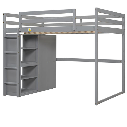 Gray Wood Full Size Loft Bed with Built-in Wardrobe, Storage Shelves, and LED Light, Pine and MDF