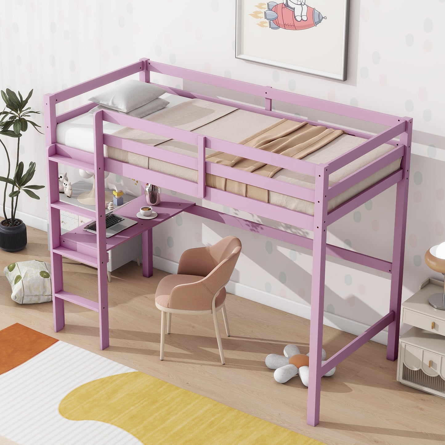 Twin High Loft Bed, Rubber Wood  Loft Bed with Safety Guardrail, built-in desk, ladder,Pink