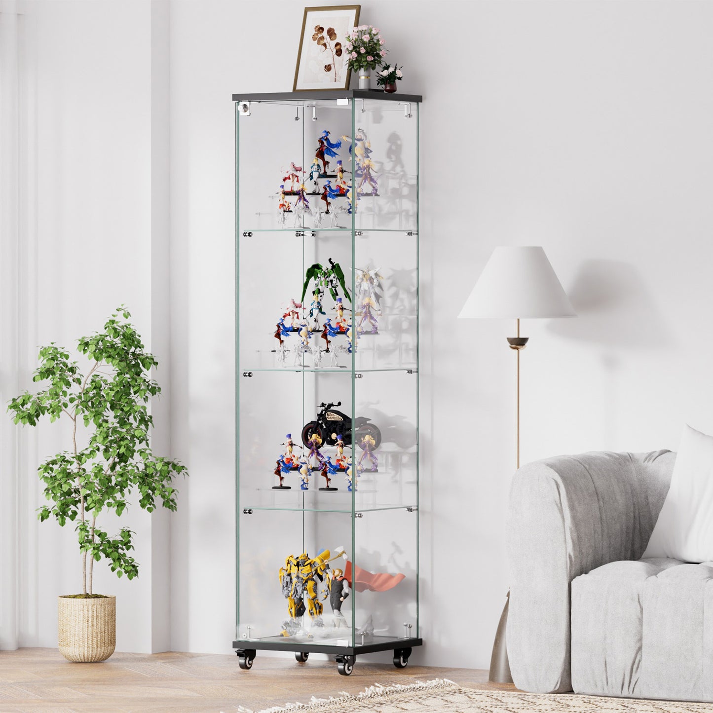 4 Tier Glass Display Cabinet, Single Door Glass Cabinet with Lock and Wheels, Floor Standing Storage Cabinet with 3 Acrylic Shelves for Living Room, Bedroom and Office, Black, 15.8"L x 14.2"W x 65.1"H