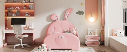 Twin size Upholstered Rabbit-Shape Princess Bed ,Twin Size Platform Bed with Headboard and Footboard,Pink